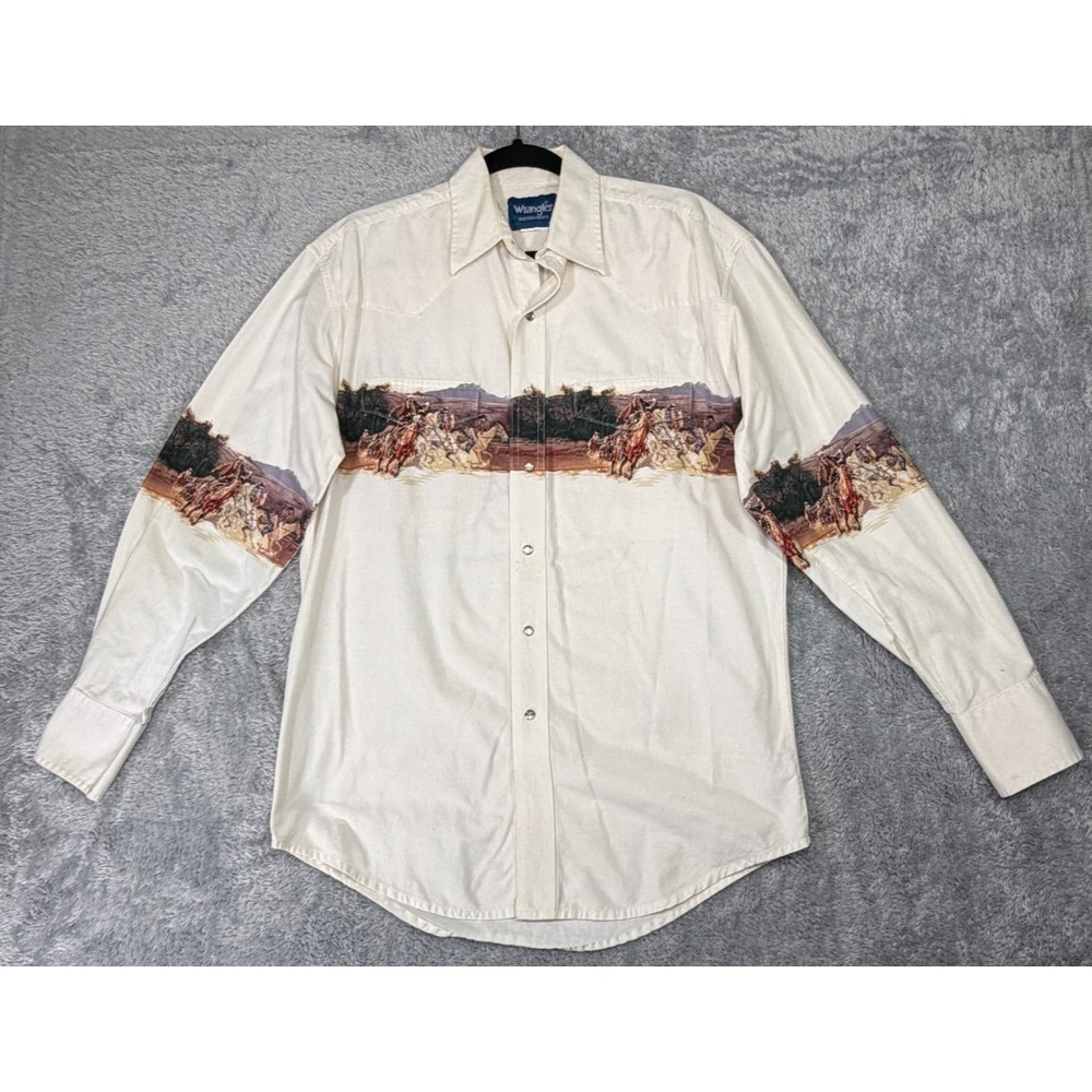 VTG Wrangler Brushpopper Horse‎ Stampede AOP Pearl Snap Western Rodeo Shirt M